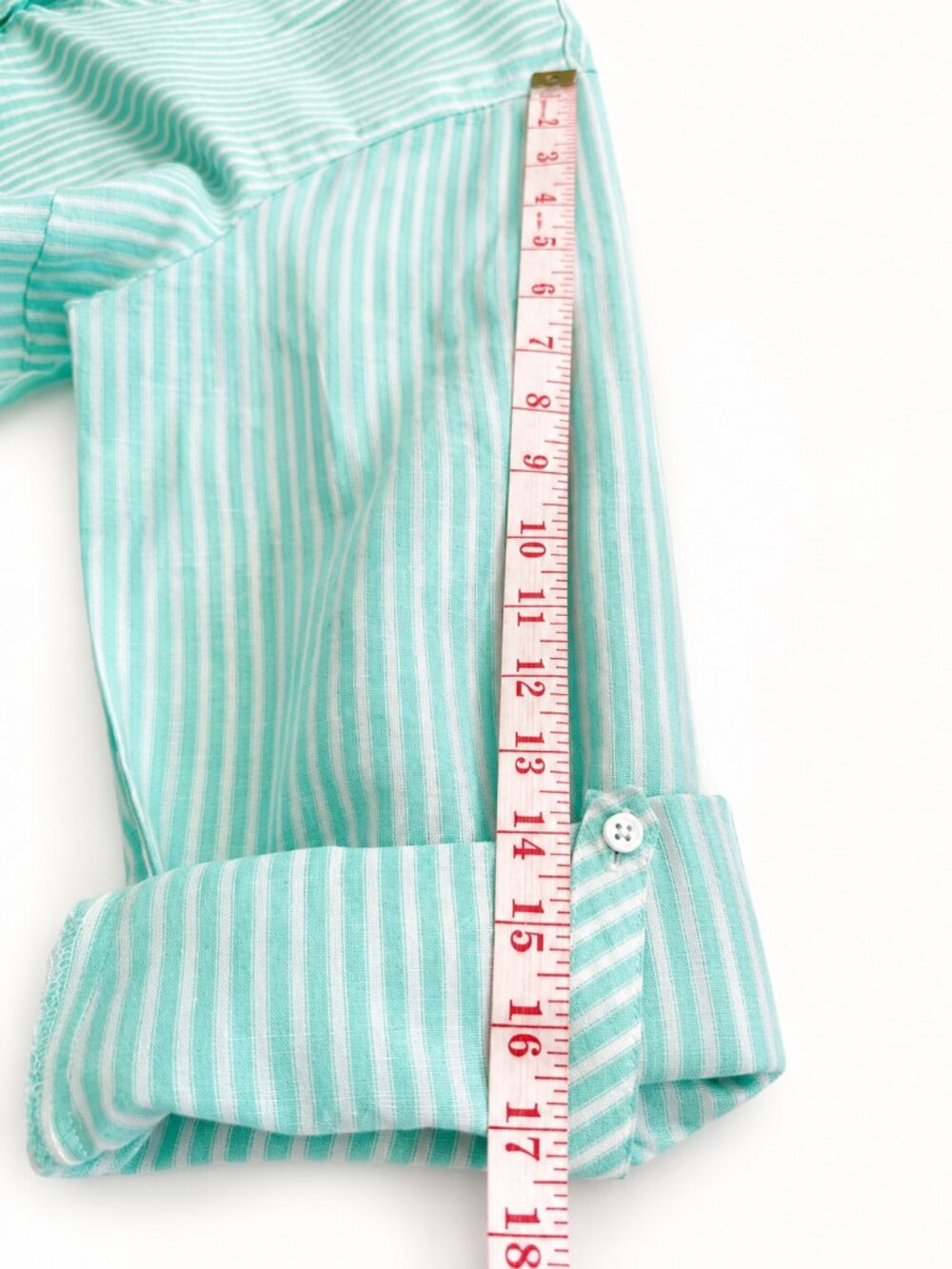 TALBOTS LINEN BLEND SHIRT XL WHITE/MINT GREEN STRIPED ROLL TAB COASTAL BREEZY - Picture 10 of 12